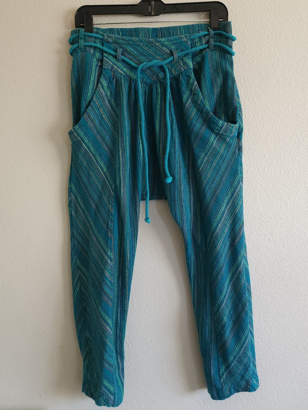 Free People Striped Harem Pants Teal Blue Green Drop Crotch Rope Belt Size M